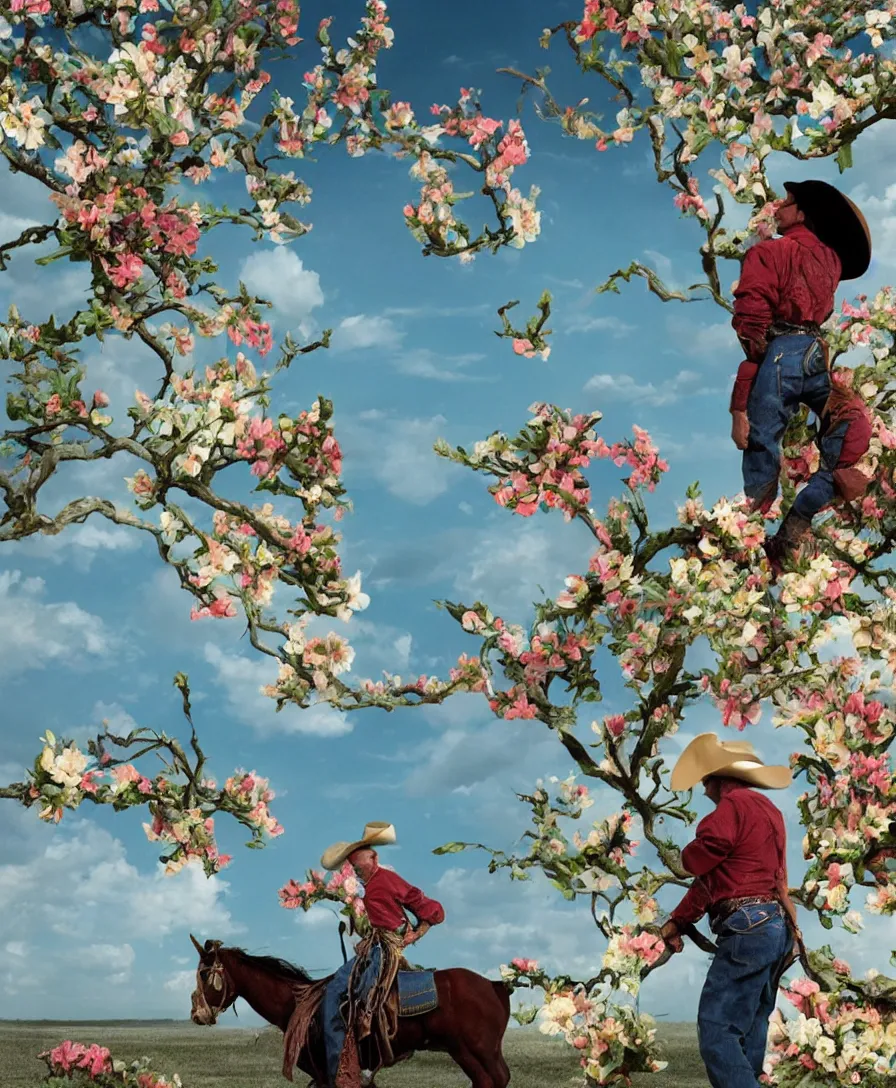 Image similar to a cowboy turning into blooms by slim aarons, by zhang kechun, by lynda benglis. tropical sea slugs, angular sharp tractor tires. complementary bold colors. photo of a manly cowboy. warm soft volumetric dramatic light. national geographic. 8 k, rendered in octane, smooth gradients. angular sculpture by antonio canova by gian lorenzo bernini.