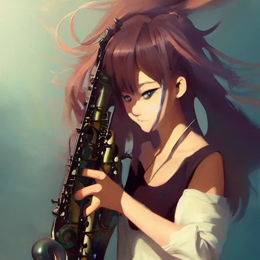 Image similar to anime girl Playing the sax instrument , digital Art, Greg rutkowski, Trending cinematographic artstation