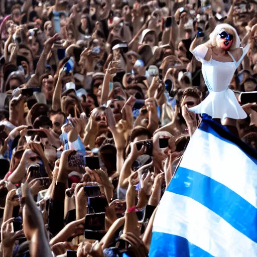 Prompt: Lady Gaga as Evita, Argentina presidential rally, Argentine flags behind, bokeh, epic photo, detailed, Argentina