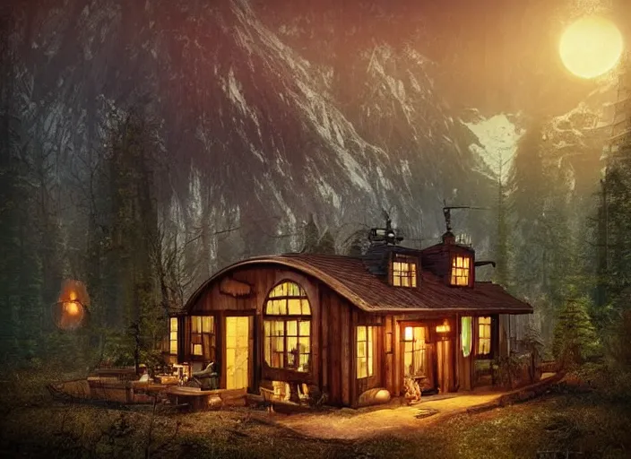 Prompt: cosy house in a clearing in the forest, mountains in the background, beautifully lit, retro science fiction vintage art, steampunk