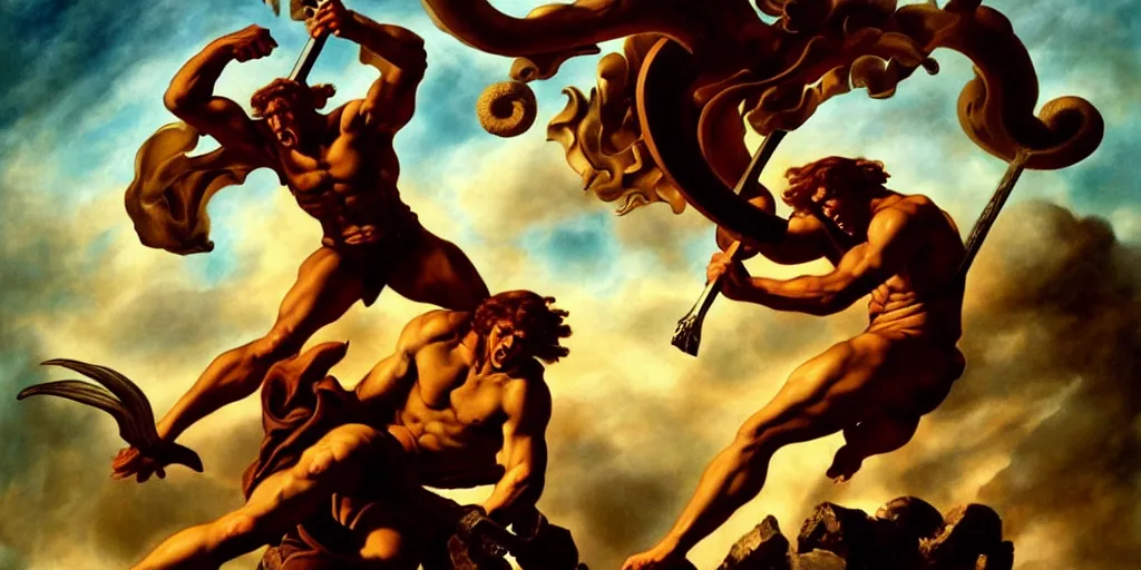 Prompt: Heracles slaying the Lernaean Hydra, by Rolf Armstrong and Evelyn De Morgan, dramatic lighting, high contrast colors, baroque, empyrean, panoramic view, as trending on Artstation, highly detailed, doom engine,