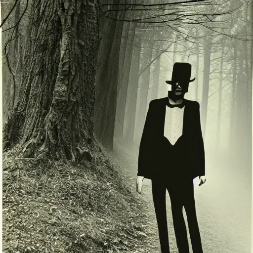 Prompt: uncanny creepy skinny 8 foot man lurking in the foggy forest with a tophat and glowing eyes, 3 5 mm photograph, vintage photo, historical archive, award winning, full body