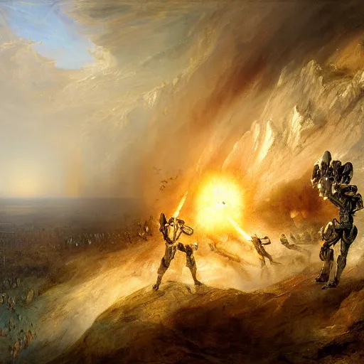 Image similar to highly detailed painting of alien androids attacking washington dc and american army, by william turner, by greg rutkowski, by william constable, thick brush strokes and visible paint layers, 4 k resolution