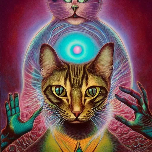 Image similar to a cat having an ego trip under lsd, by alex grey, by Esao Andrews and Karol Bak and Zdzislaw Beksinski and Zdzisław Beksiński, trending on ArtStation