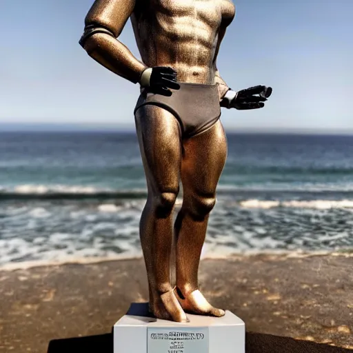 Image similar to a realistic detailed photo of a guy who is an attractive humanoid who is half robot and half humanoid, who is a male android, football player christian mccaffrey, shiny skin, posing like a statue, blank stare, by the beach, on display