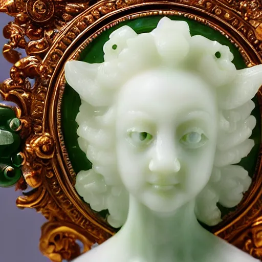 Image similar to a closeup photo, rococo alabaster and jade real delicate ceramic porcelain sculpture of an ornate detailed vulture goddess in front of an intricate background by rafael, micro detail, backlit lighting, subsurface scattering, translucent, thin porcelain, emerald, jade, octane renderer, colorful, physically based rendering, trending on cgsociety