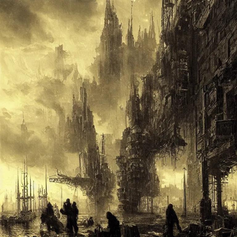 Prompt: cyberpunk depiction of the city of gdansk during arctic conditions by jan matejko