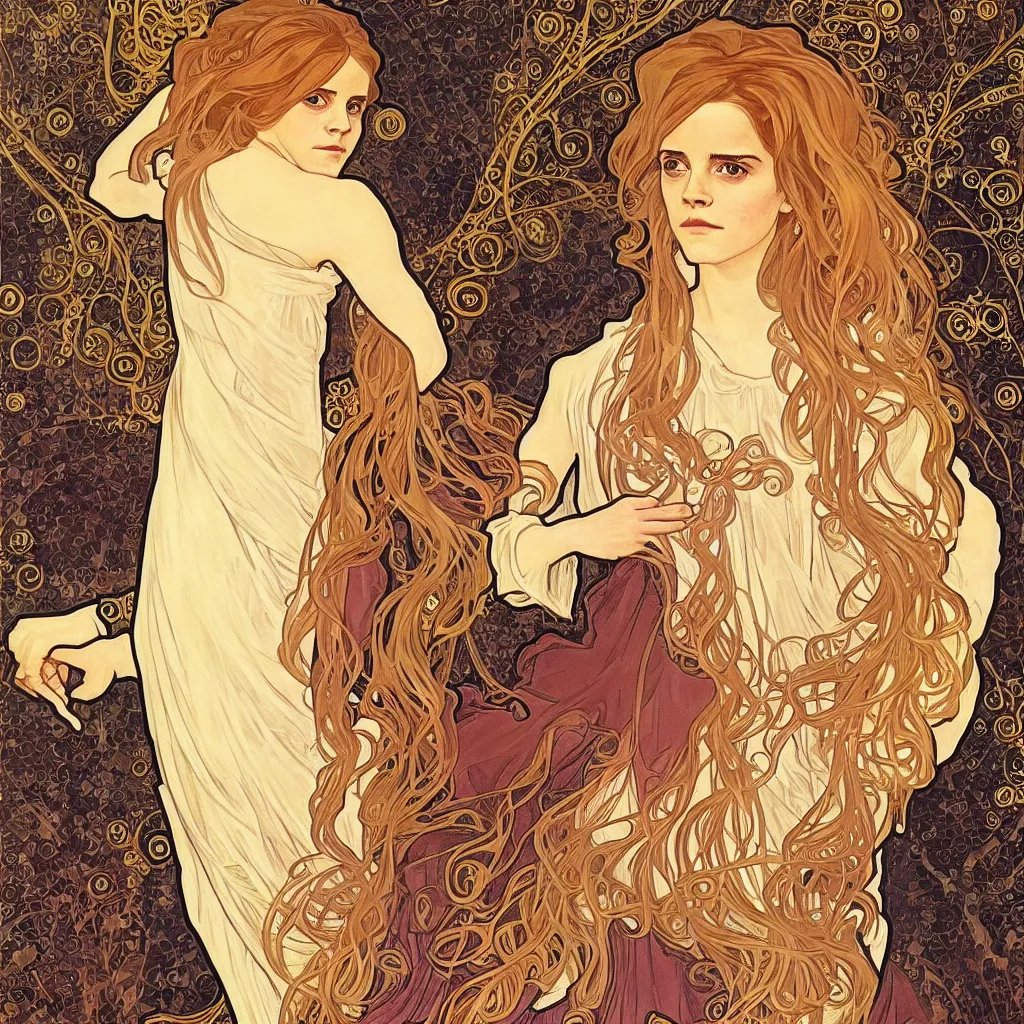 Prompt: Emma Watson as Hermione in Harry Potter made with a combination of the art styles of Alphonse Mucha and Gustav Klimt. Masterpiece. High Quality Details