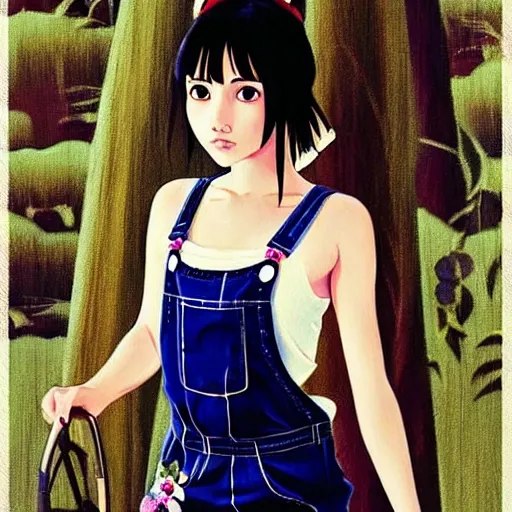 Image similar to a beautiful young japanese natalie portman alluring gravure model, anime art, wearing elegant designer overalls, elegant overalls with mesoamerican patterns, mesoamerican native street fashion, princess mononoke, painted by jamie hewlett and ashley wood, aesthetic, gorgeous, stunning, alluring, attractive, artstation, pinterest, digital art