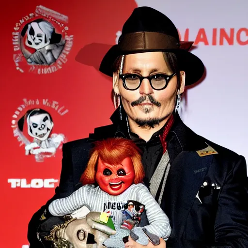 Image similar to Johnny Depp holding Chucky the killer doll