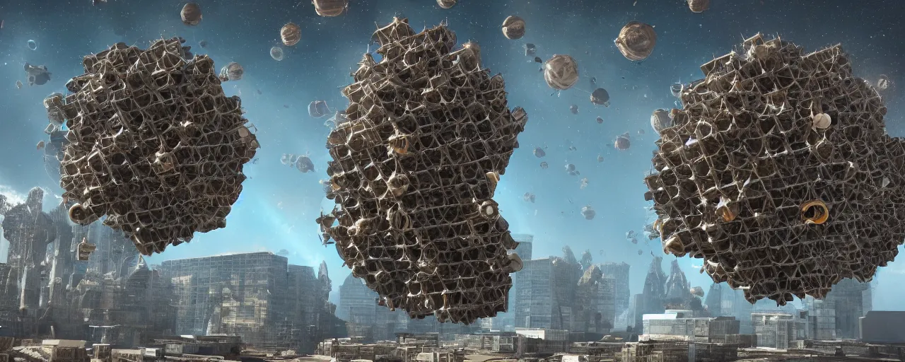 Image similar to movie still, brutalist wasp hive megastructure in space, unreal engine, octane render, detailed and intricate, global illumination, volumetric lighting, hubble telescope images, james webb telescope images, detailed and intricate environment