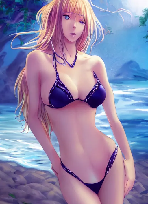 Image similar to very detailed full body portrait of alluring girl in bikini, manga, fantasy, beautiful, pretty face, curvaceous, dreamy aesthetic, 4 k, aura of light, cinematic lighting, highly detailed, sharp focus, masterpiece