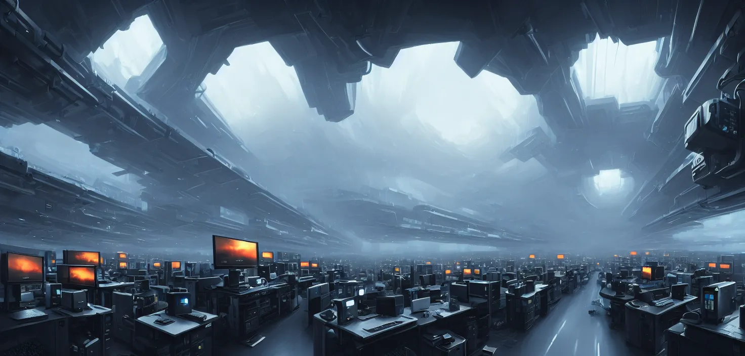 Image similar to computers, wired in, in a highly detailed server room with computers everywhere, cinematic view, epic sky, detailed, concept art, low angle, high detail, warm lighting, volumetric, godrays, vivid, beautiful, trending on artstation, by jordan grimmer, huge scene, art greg rutkowski