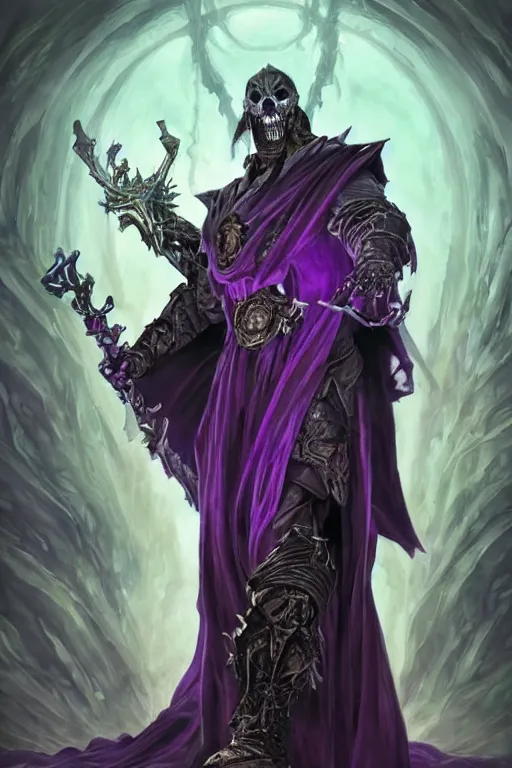 Image similar to portrait of hulking herculean ainz ooal gown undead lich, from overlord, warlock purple robes, magical electricity, upper body, fantasy, intricate, elegant, highly detailed, digital painting, artstation, concept art, sharp focus, illustration, art by artgerm and greg rutkowski and alphonse mucha