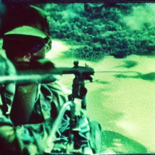 Prompt: film still, extreme far view, george costanza, jungle, vietnam door gunner, apocalypse now, associated press, 2 6 mm, kodak ektachrome, blue tint expired film