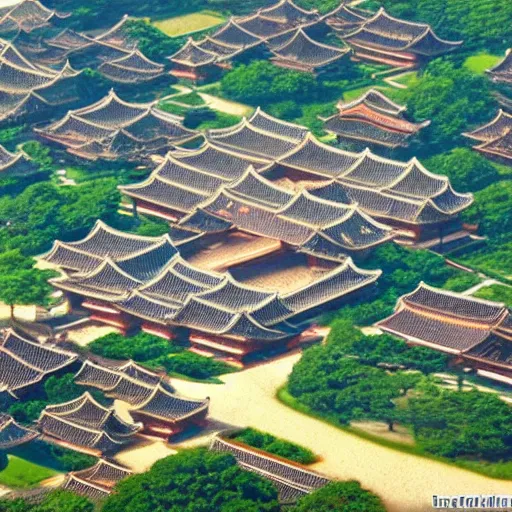 Prompt: joseon dynasty kingdom, architecture, beautiful, aerial view