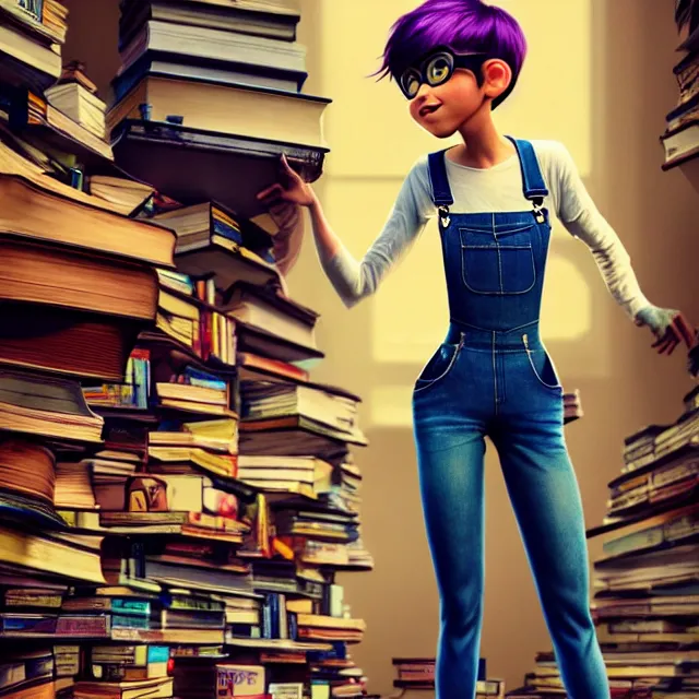 Image similar to full body pose, beautiful adult book fairy, pixar, short white hair shaved sides, dirty, grungy, grunge, long sleeve, painted overalls, stacks of giant books, highly detailed, 4 k, hdr, smooth, sharp focus, high resolution, award - winning photo, artgerm, photorealistic