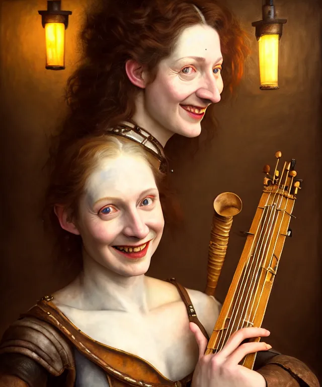 Image similar to hyperrealistic mixed media painting of a young beautiful pale-skinned grinning female bard, dimly lit cozy tavern, leather tunic, confident relaxed pose, dark hair, musical lute in hand, d&d, stunning 3d render inspired art by Tim Okamura and Lise Deharme + perfect facial symmetry + dim volumetric lighting, 8k octane beautifully detailed render, post-processing, extremely hyperdetailed, intricate, epic composition, grim yet sparkling atmosphere, cinematic lighting + masterpiece, trending on artstation, very very detailed, masterpiece, stunning