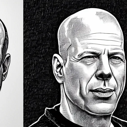 Image similar to a illustration portrait of Bruce Willis drawn by Robert Crumb