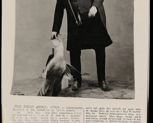 Image similar to early 1 9 0 0 s photo of a man in a suit next to a huge black taxidermied bird, black and white, newspaper clipping