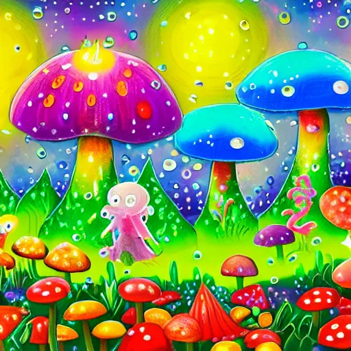 Image similar to a bright magic forest, with multicolored mushrooms and forest creatures dancing in the rain