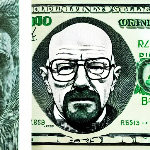 Prompt: Heisenberg sitting on a pile of money.