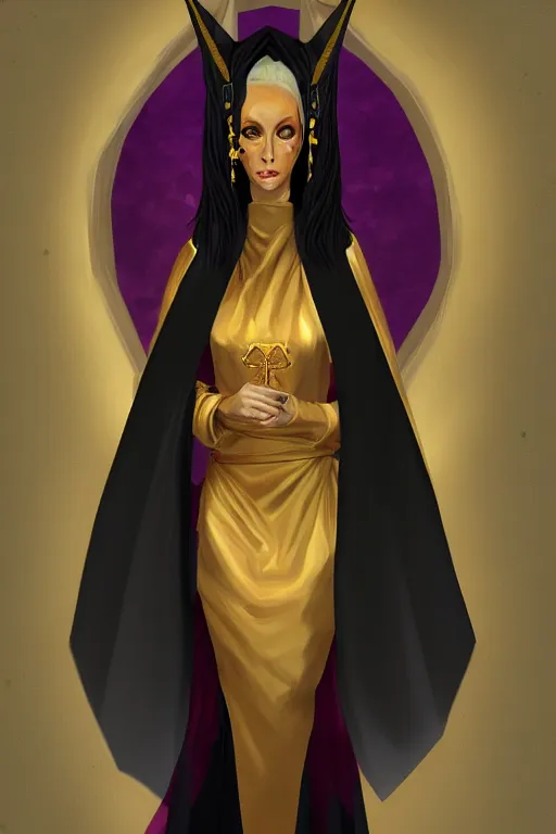 Prompt: Portrait of a Holy Necromancer, female, golden robes, black accessories, digital painting, illustration, fantasy