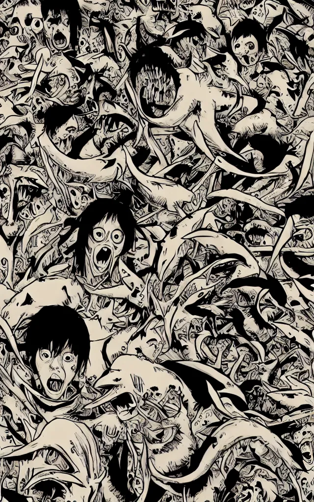 Prompt: Sharknado in the style of junji ito, horror, manga, shark, complex, faces