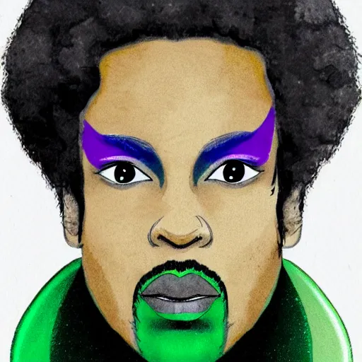 Prompt: an illustration of prince as the villain gemini. half his face is white with green hair.