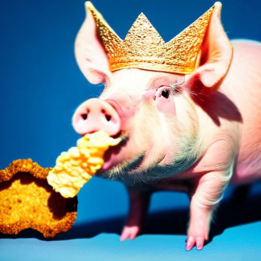 Prompt: pig wearing a gold crown eating a pork rind 8k resolution