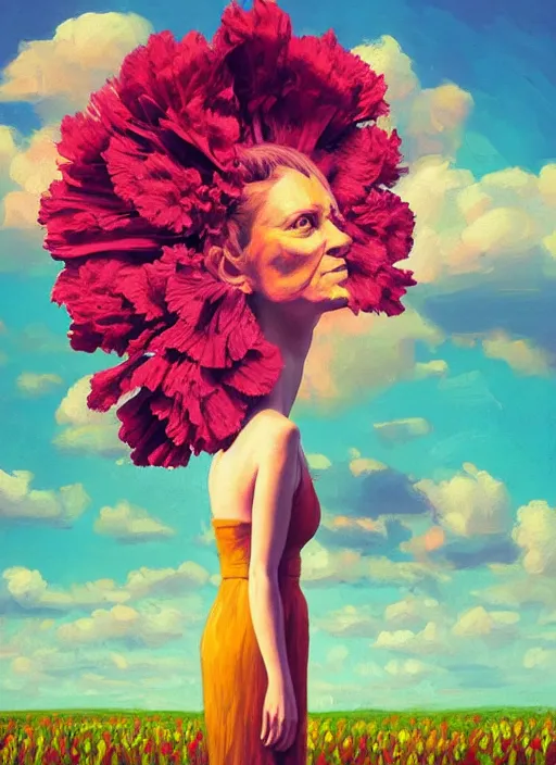 Image similar to portrait of a woman with a giant carnation as a face, flower field, surreal photography, sunset dramatic light, impressionist painting, colorful clouds, blue sky, digital painting, artstation, simon stalenhag