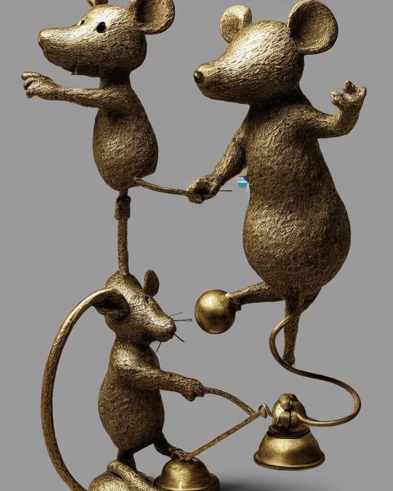 Image similar to a statue of a proud mouse standing on two legs and holding a round bell made with white and gold wire, trending on artstation