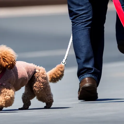 Image similar to a closeup photo of elon musk walking his big mutant poodle, f 2. 8, 1 0 0 mm lens