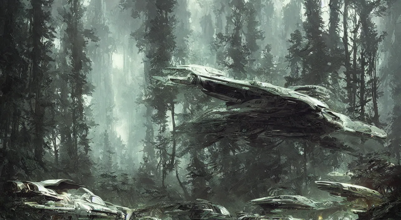 Image similar to a giant spaceship wrecked and lost in the forest, detailed digital art by greg rutkowski.