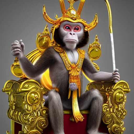 Image similar to monkey king godly lord of monkeys, wearing a crown, holding a staff, sitting in throne 8 k render high detail