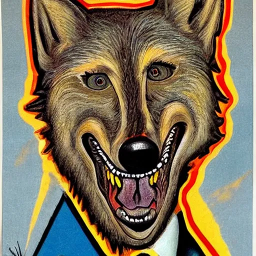 Image similar to portrait of retarded wolf, eyes in different directions, vivid colors, propaganda style, it looks sick, very ugly face, missing teeth