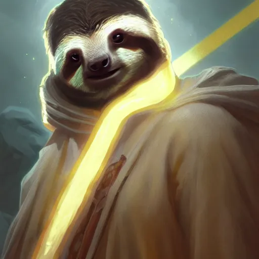 Prompt: godlike sloth, animal sloth, anthropomorphic sloth, deity, holy robes, holy light aura, ultra details, art by artgerm, dwayne barlowe, trending on artstation and greg rutkowski and alphonse mucha, 8 k