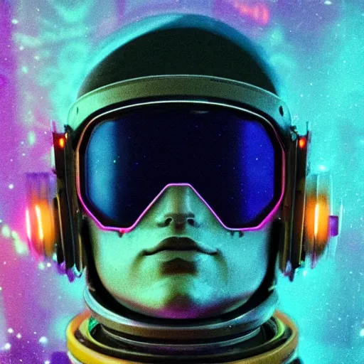 Image similar to cyberpunk astronaut bot, cinema 4 d, galaxy, ufo, space sci - fi, wearing vr goggles, illustration, portrait, pastel neon textured background night, trending on artstation, greg rutkowski, octane rendered, 1 2 k, detailed,