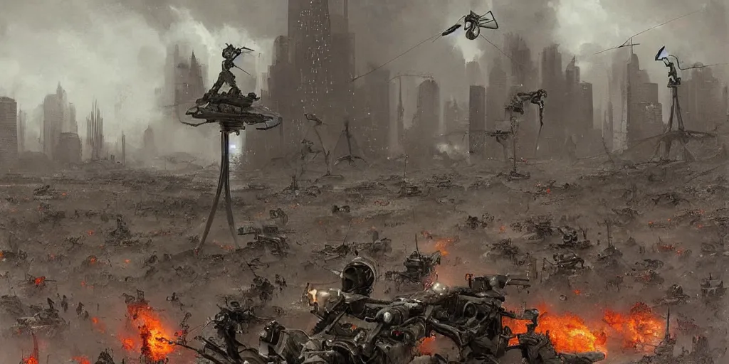Image similar to war of the worlds, martian tripods attack new york, human soldiers try to counter - attack, intense fighting, digital painting, very detailed, art by jakub rozalski