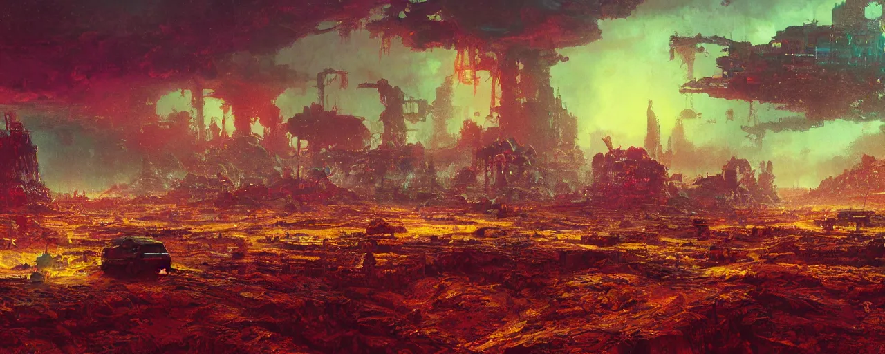 Image similar to ” otherwordly depressing landscape radioactive desolate wasteland, [ cinematic, detailed, epic, widescreen, opening, establishing, mattepainting, photorealistic, realistic textures, octane render, art by paul lehr ] ”