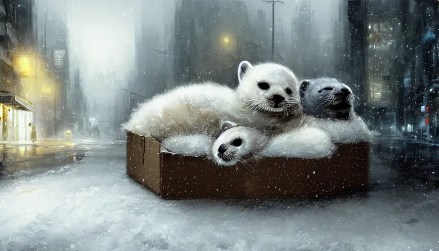 Image similar to highly detailed painting of cute furry white baby seals cuddled up in a cardboard box in a snowy dystopian cyberpunk street by william turner, by greg rutkowski, by william constable, thick brush strokes and visible paint layers, 4 k resolution, retrowave colour scheme