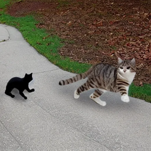 Prompt: human sized cat chasing cat sized human