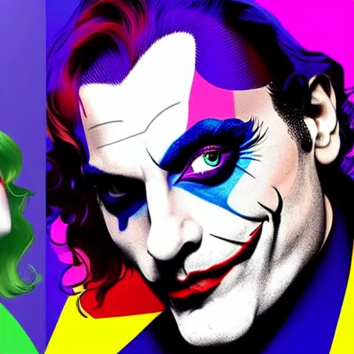 Prompt: richard hamilton and mimmo rottela as lady gaga harley queen and joaquin phoenix joker couple, pop art, 2 color, left and right align, object details, dynamic composition, 4 k, ultra realistic art, smooth, sharp focus, illustration, concept art, intricate details, h 7 6 8