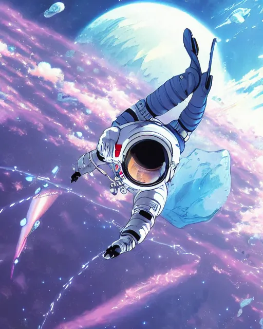 Image similar to astronaut floating in space, cybernetic enhancements, art by makoto shinkai and alan bean, yukito kishiro
