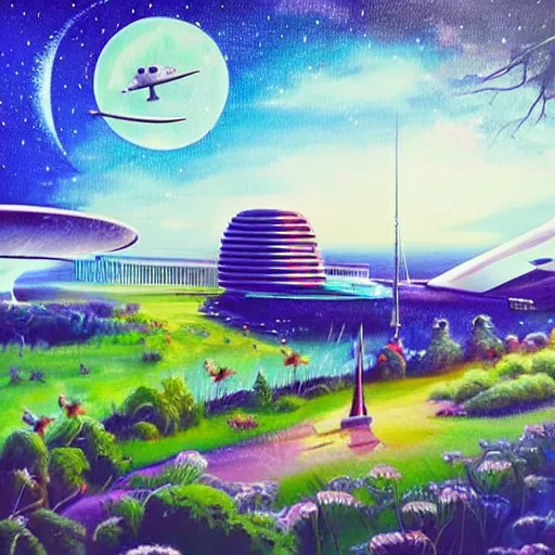 Prompt: Beautiful city of the future in harmony with nature. Spaceship in the background. Nice colour scheme, soft warm colour. Beautiful painting by Lurid. (2022)