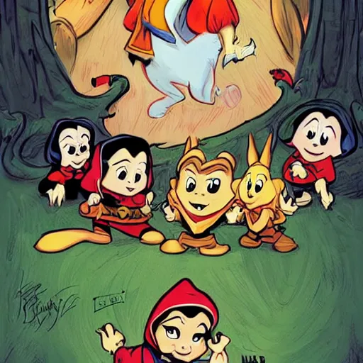 Image similar to snow white and the seven dwarfs, artwork by skottie young