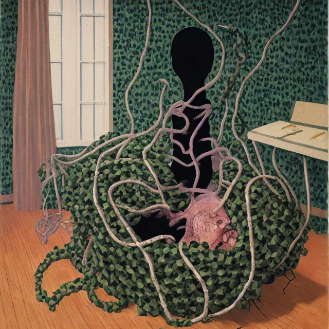 Image similar to a female pathology student in her apartment, wrapped in vines, medical equipment, stepping stones, octopus, pig, black walls, ikebana, black armchair, sculpture, acrylic on canvas, surrealist, by magritte and monet