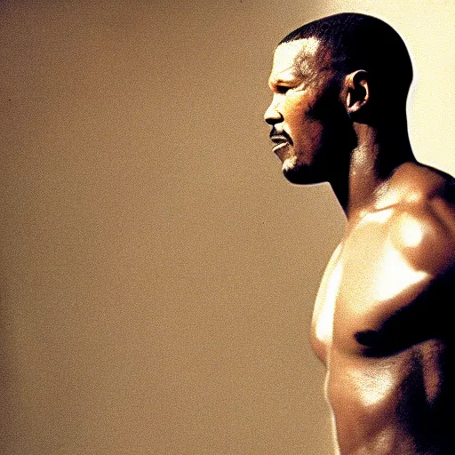 Prompt: a cinematic film still of Jamie Foxx starring as Mike Tyson, portrait, backlighting, 1996