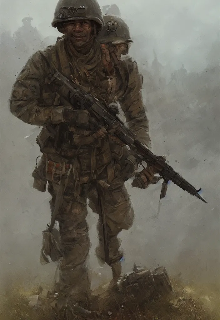 Image similar to character portrait of a vietnam war american soldier in a thematic landscape, backwards, in the style of greg rutkowski, darek zabrocki, marcin rubinkowski, lorenzo lanfranconi, oleg zherebin, karlkka, trending on artstation