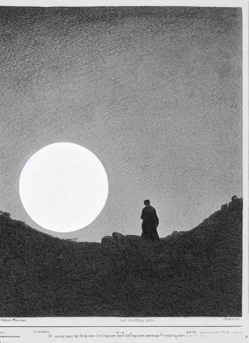 Prompt: a human silhouette observing an eclipse in the distance, painted by caspar david friedrich with high toner xerox halftones